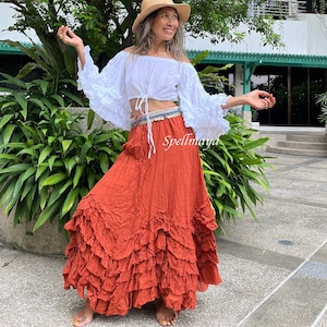 Saia longa com babados Boho, conjunto de 2 peças em saia, saia longa alta e baixa, conjunto de top e saia para maternidade, opções apenas de top, apenas saia ou conjunto