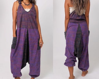 Handgemaakte boho katoenen patchwork flodderige overall, jumpsuit met blokprint patchwork, Nepalese hippie patchwork overall, tribal patchwork jumpsuit.