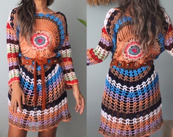 Boho hand-Knitted Dress,Crochet Colorful Mini Dress,Crochet Oversized Dress,Crochet Long Sleeve Dress,Beach Bikini cover up dress,Festival