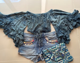 Boho Wide sleeves with Ruffled Tie Dye top,Festival Tie dye top,Indigo Tie dye top,Tie dye Crop top,Hippie Tie dye crop top,Smocked crop top