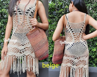 Half Moon In Color- Crochet Dress with Fringe- Off-White, Forest Green, Mocha, Cerulean. Crochet Dresses.