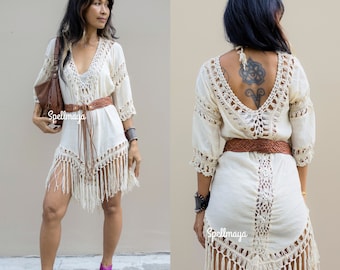 Robe bohème à franges, robe bohème en coton macramé, robe hippie au crochet, robe de festival à franges, robe au crochet, robe dos nu, cache-maillots de bikini.