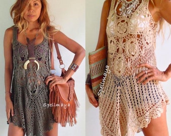 Handmade Crochet Tunic Dress /Boho crochet Dress/ High Low crochet dress/ Romantic crochet dress.Festival crochet dress/Summer beach dress