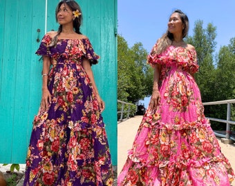 Bohemian Wedding Dress,Boho Off The Shoulder Flora Printed  Dress,Gowns Dress,Flora wedding dress,Mexican Flora Dress,Maternity maxi dress.