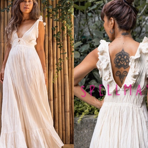 bohemian deep v dress with pearls