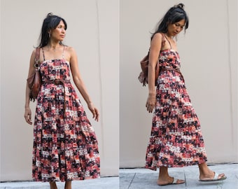 Vintage Smocked Maxi dress/Bohemian  Smocked Maxi dress/70s style maxi dress/Polyester maxi dress/Hippie maxi dress/Summer mini dress.