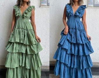 Boho Ruffled Maxi dress,Boho Layered Maxi Dress,Green maxi dress,Deep V neck maxi dress,Maternity for photoshoot dress,Open back maxi dress.