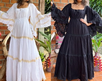 Boho Wedding Dress,Boho Flare Sleeve Maxi Dress,Black maxi dress,Gown Wide Sleeve Dress,White wedding dress,Cotton Angel Sleeve maxi dress