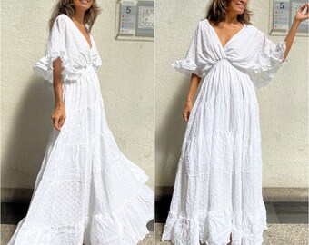 Boho Lace Trim Cotton Maxi Dress/Kaftan Wedding Dress/ Boho Wedding Dress/Ruffle Maxi Dress/Resort wear/Vacation Maxi Dress,Plus size dress.