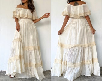 Bohemian Wedding Dress ,Off The Shoulder White Dress, Raw Cotton Long Maxi Dress,Boho Wedding Dress, Bridesmaid  Dress.