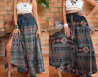 Pantalon Boho hippie en coton, pantalon en coton à jambes larges fatigué, pantalon imprimé en bloc, pantalon Hippie Flora Wide Legs, Festival Stone Wash Long Baggy Pants,