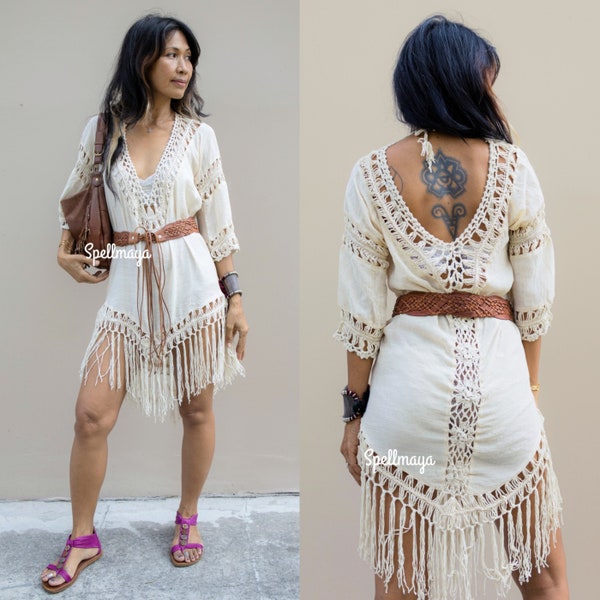 Robe bohème à franges, robe bohème en coton macramé, robe hippie au crochet, robe de festival à franges, robe au crochet, robe dos nu, cache-maillots de bikini.