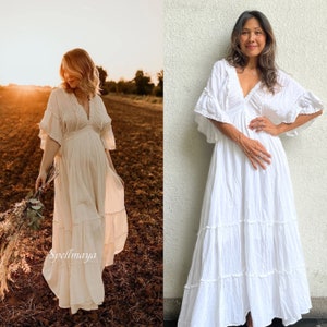 Bohemian Cream Wedding Dress/Boho Lace Trim cotton Maxi Dress,Gown Dress,Maternity for Photoshoot Dress,Deep V Neck Wedding Dress.Vacation.