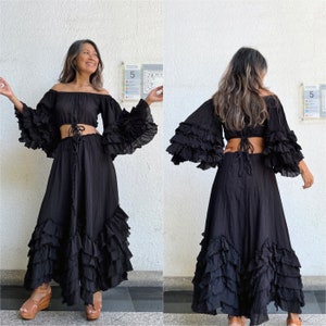 Boho 2 piece Set Ruffled Sleeve Blouse,Off The Shoulder Blouse,Cotton Crop Top,2 Piece set in Skirt,Maternity for photoshoot set in skirt.