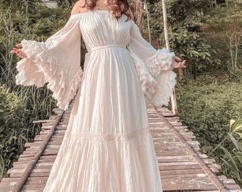 Bohemian Off-Shoulder Wedding Dress, Ruffle Sleeve Raw Cotton Maxi