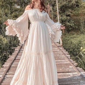 Bohemian Wedding Dress,Gown Dress,White Ruffle Maxi  Dress,Maternity Dress,Beach Maxi Dress,Angle  Sleeve Maxi Dress,Off the shoulder Dress.