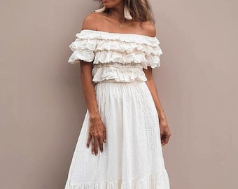 Boho Ruffled Wedding Dress,Cotton Ruffled Off shoulder Maxi Dress,Romantic Wedding Dress,Maternity for photoshoot dress,Beach wedding dress