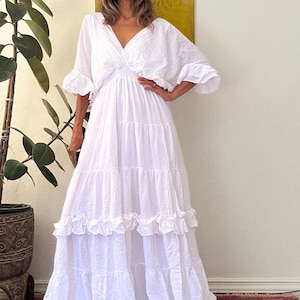 Boho Bat Wings White Wedding Dress,Ruffle Maxi White Dress,Deep V neck maxi dress,Plus size Wedding dress,Maternity for photoshoot Dress.