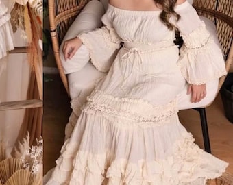 Vestido bohemio con hombros descubiertos, vestido largo bohemio con volantes, vestido largo con capas, vestido de novia bohemio, vestido de compromiso, vestido largo para sesión de fotos de maternidad