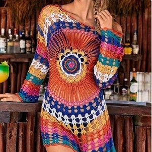 Boho hand-Knitted Dress,Crochet Colorful Mini Dress,Crochet Oversized Dress,Crochet Long Sleeve Dress,Beach Bikini cover up dress,Festival