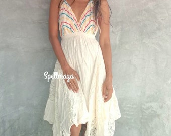 Handmade Bohemian raw cotton High low dress/Summer Mini dress/ Boho Halter cotton dress/Off white Sundress/Festival Mini dress/Lace dress.