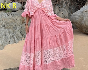 Vestido de novia bohemio/Vestido de novia blanco/Vestido de novia bohemio con ribete de encaje/Vestido de novia maxi caftán/Vestido maxi para vacaciones en el resort/Talla grande