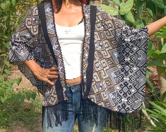 Bohemian Flora Printed Kimono,Boho Fringe Cardigan,Hippie cotton Jacket,Plus size cardigan,Tribal Printed jacket,Comfortable Jacket.