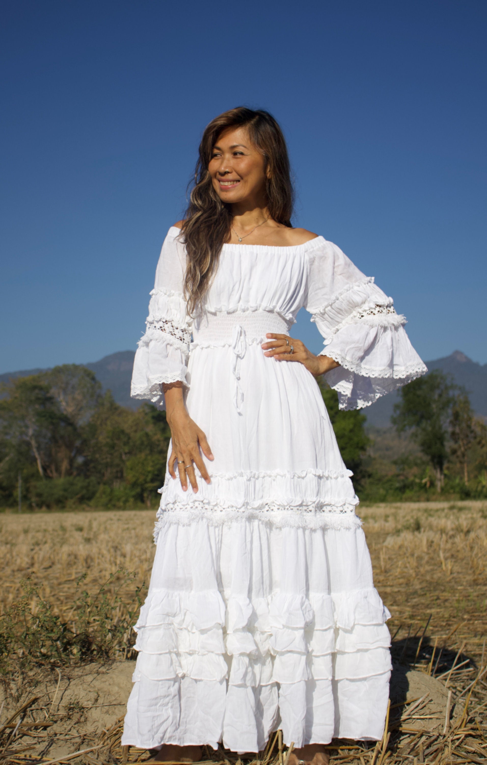 White Ruffle Off Shoulder Draped Smocked Boho Photoshoot Maternity