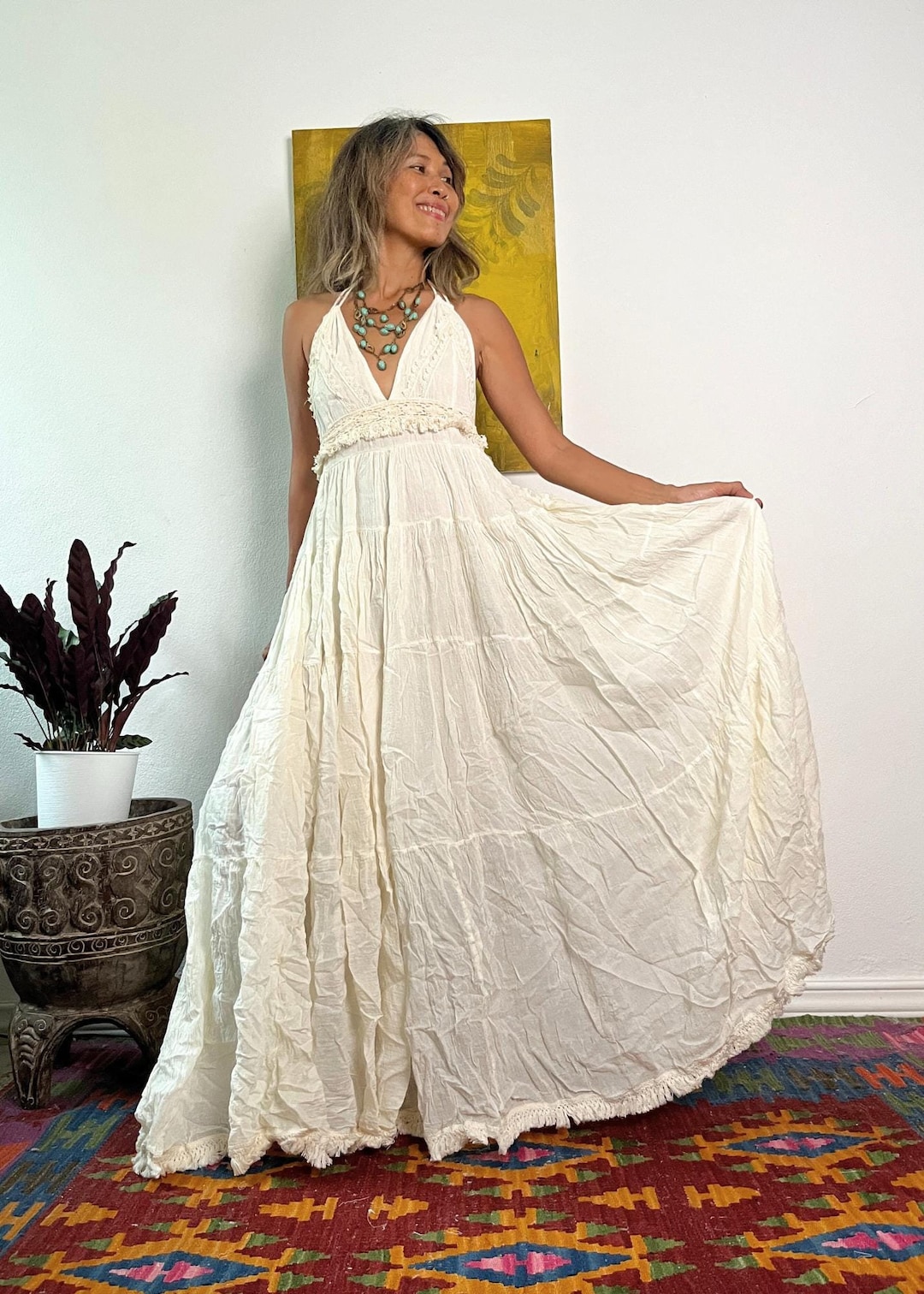 Boho Wedding Dress/ Open Back Maxi Dress/deep V Neck Maxi Dress
