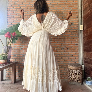 Boho Lace Trim Cotton Maxi Dress/Kaftan Cream Wedding Dress/ Boho Wedding Dress/Ruffle Maxi Dress/Romantic Vintage Style, Flowy Long Dress. image 10