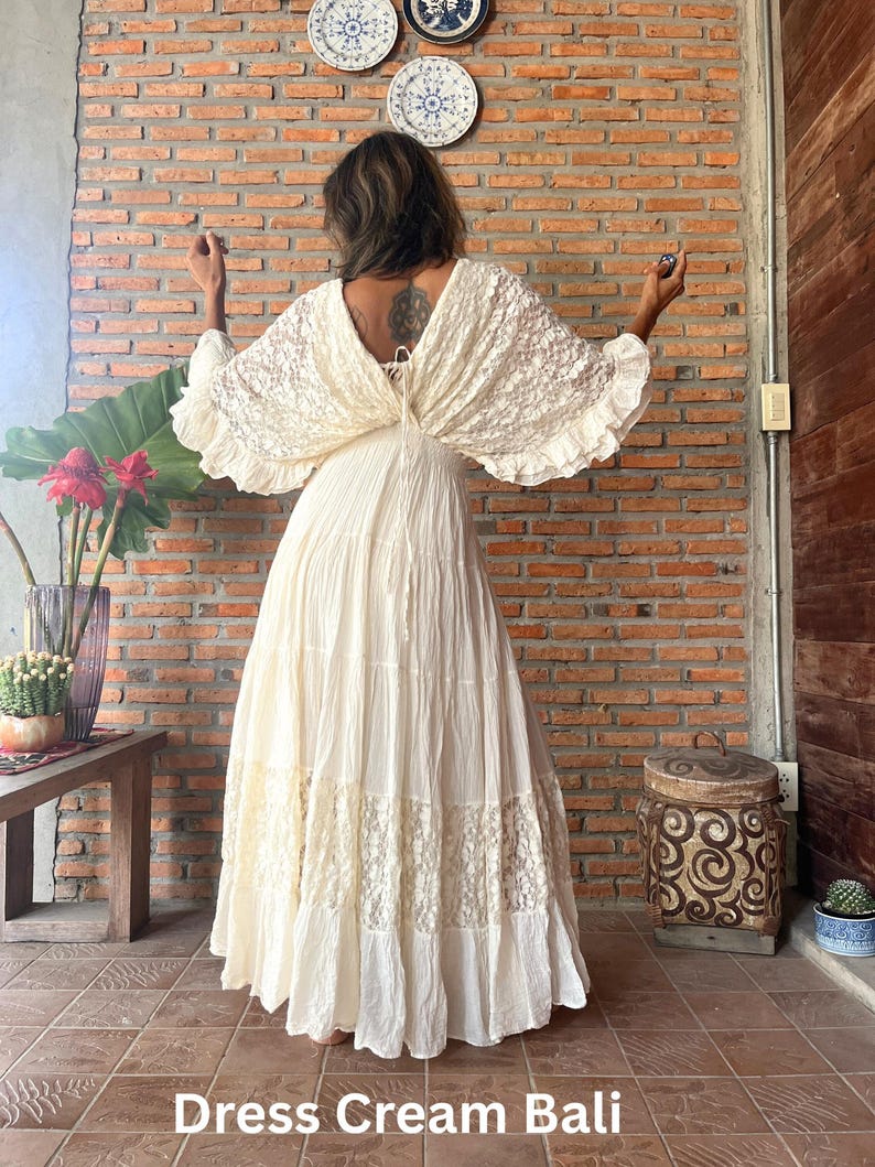 Boho Lace Trim Cotton Maxi Dress/Kaftan Cream Wedding Dress/ Boho Wedding Dress/Ruffle Maxi Dress/Romantic Vintage Style, Flowy Long Dress. image 10