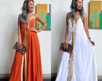 Vestido halter de diosa bohemia, vestido halter para mujer, vestido halter blanco, verde y naranja, vestido halter largo con cordones, ropa de resort, vestido halter con abertura alta.