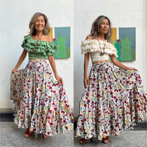 Boho 2 piece set in flora skirt,Flamenco circle skirt,Belly Dance skirt,Set Crop top with flora skirt,Optional skirt only or top or set.