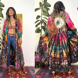 Giacca tie-dye a maniche lunghe in stile boho con tasche, spolverino lungo tie-dye hippie, copricostume, giacca lunga tie-dye da festival, cardigan in cotone tie-dye.