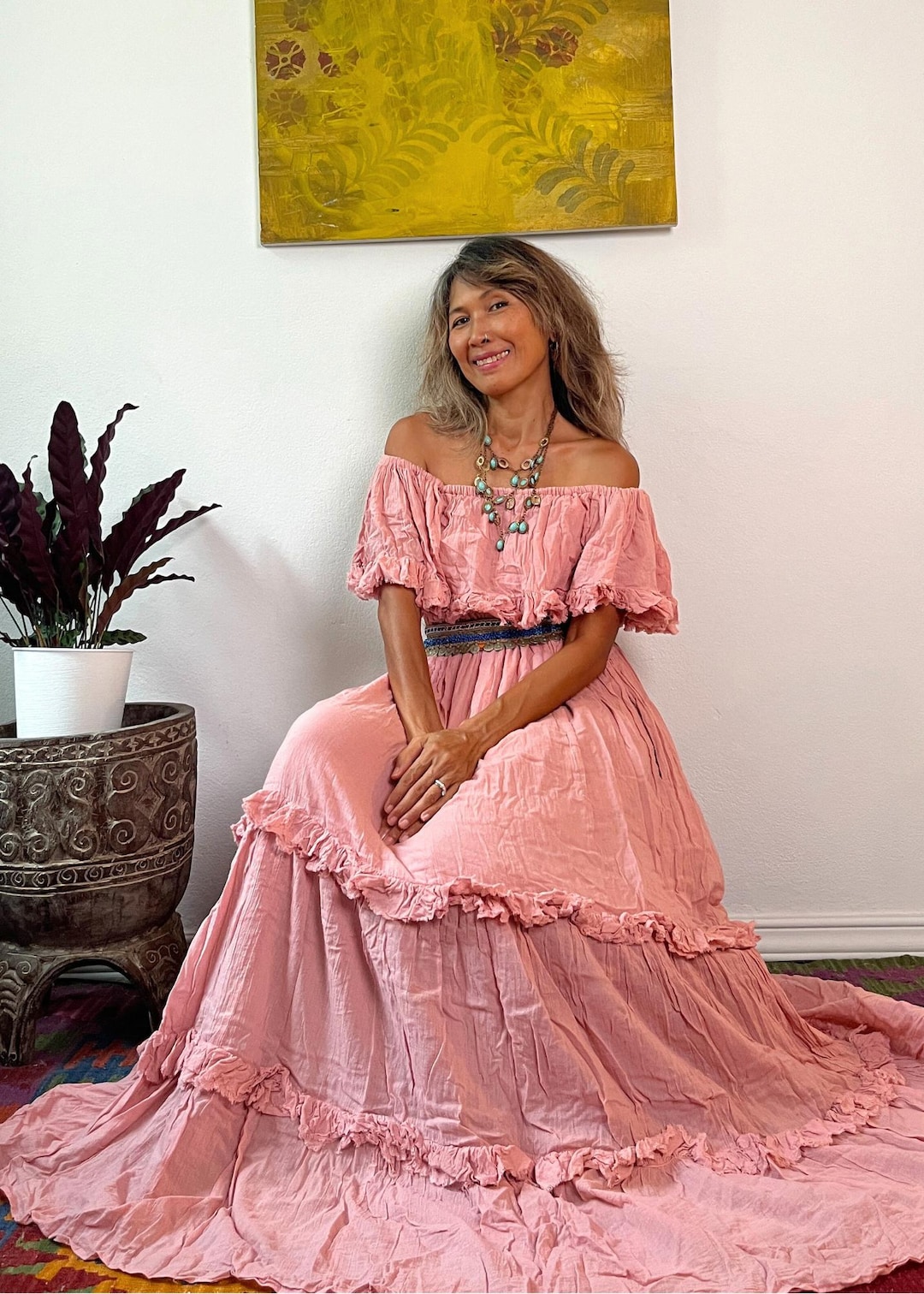 Boho off Shoulder Cream Ruffled Maxi Dress,gown,maternity for