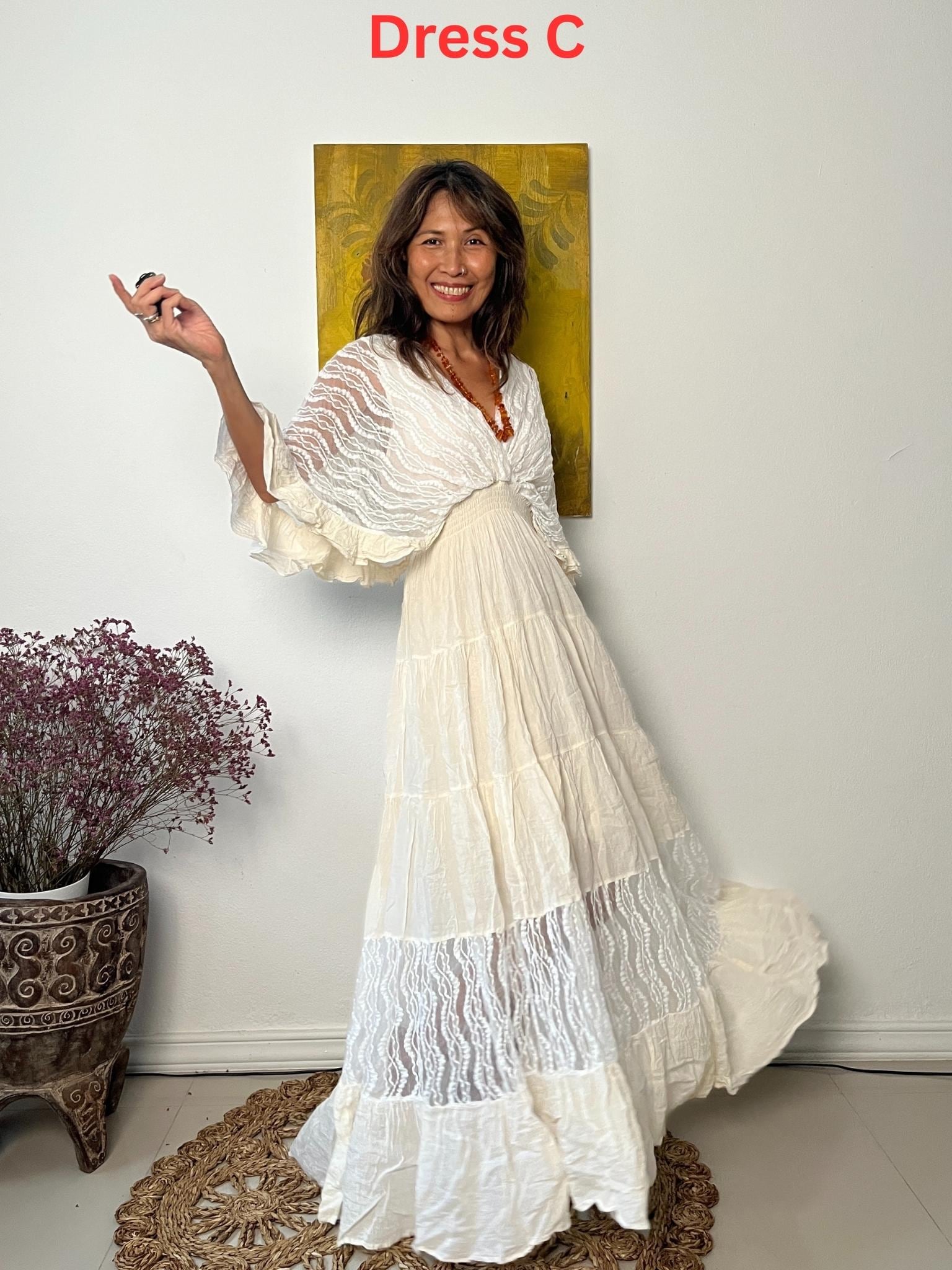 Boho Lace Trim Cotton Maxi Dress: Ruffle Sleeve Kaftan Wedding Dress