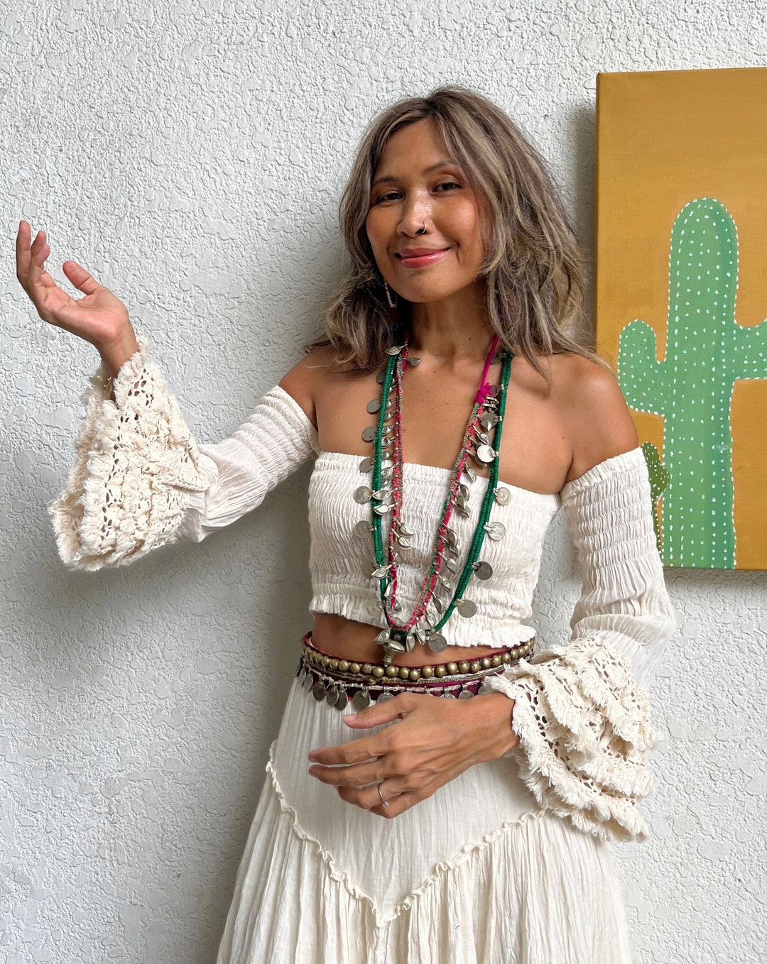 Boho Smocked Cotton Cream Crop Top,fringe Angel Sleeve Top,maxi