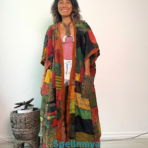 Handgemachter Patchwork Kimono Duster, Patchwork-Strickjacke, Patchwork Plus Größe 3x 4x Kimono, Stone Wash Patchwork Langer Kimono, Baumwoll-Patchwork