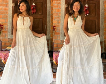 Boho Cotton Halter Maxi dress,Boho Wedding Dress,Deep V- Neckline Wedding Dress,Maternity For Photoshoot Maxi Dress,Sleeveless A Line dress.