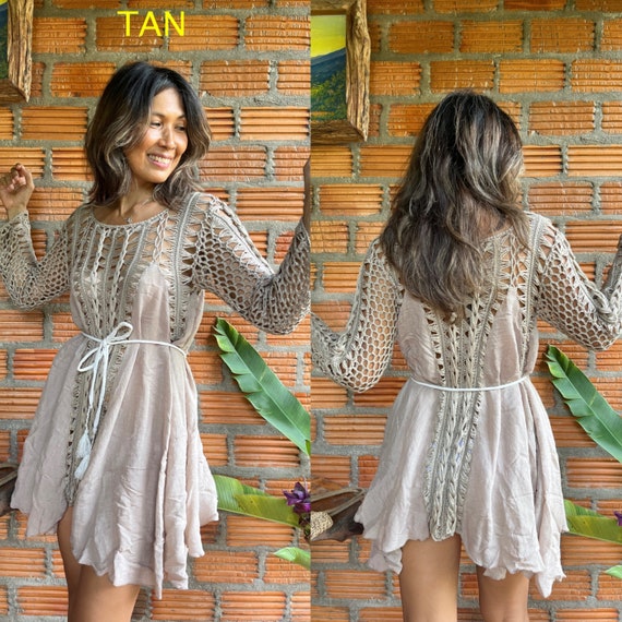 crochet dress yarn Beautiful Macrame Style Crochet With Silk Yarn and Smooth Soft Rayon Third  Quarter Sleeve Tunic/ Mini Dress. Perfect for Spring & Summer