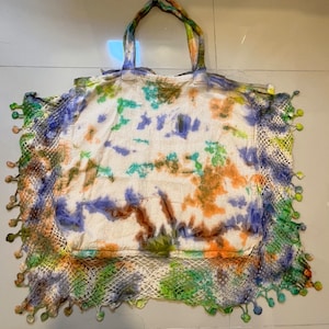 Hippie Tie Dye Tragetaschen, handgefärbte Baumwolleinkaufstasche, Baumwoll-Tie Dye mit Häkeltasche, Baumwollbauernmarkttasche, produzieren Tasche