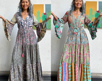 Boho zijden patchworkjurk, Boho Flora bedrukte maxi-jurk met patchwork, Elegante zijden maxi-jurk met ruches in de breedte en lange mouwen, Multi-patchworkjurk.