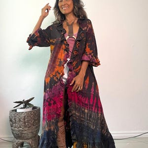 Boho Hand Tie Dye Kimono Duster Cardigan,Hippie  Tie Dye Festival Jersey Cotton Ruffle Cardigan,Beach Coverup,Plus size Tie dye Cardigan.
