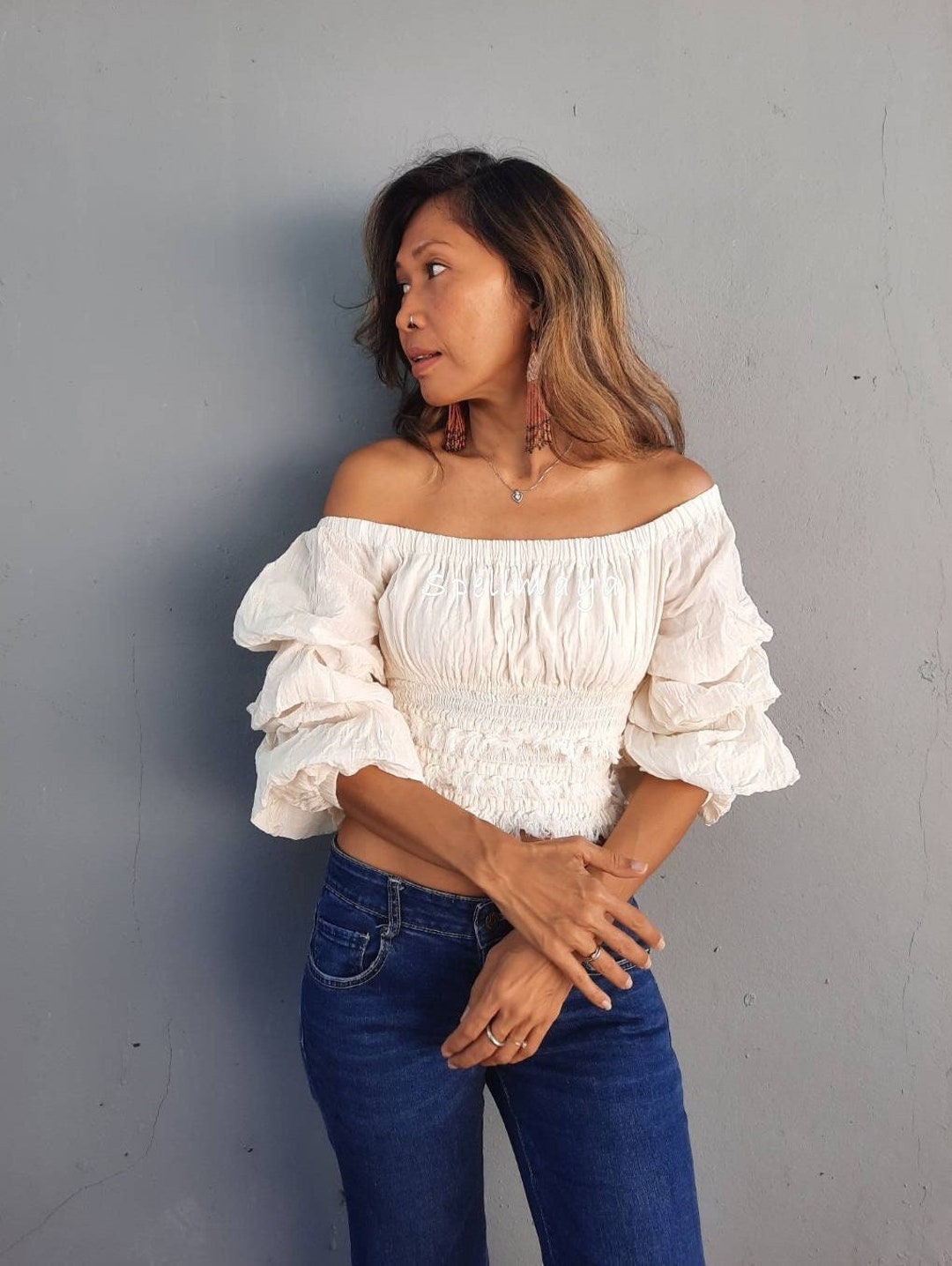 トップス ANDWANG AND off shoulder bijou tops AND off shoulder bijou tops