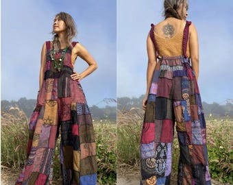 Boho Patchwork Overall in Pants,Hippie patchwork Baggy Overall,Wide legs Patchwork Overall,Patchwork Jumpsuit in Pants,Tribal Cotton Overall