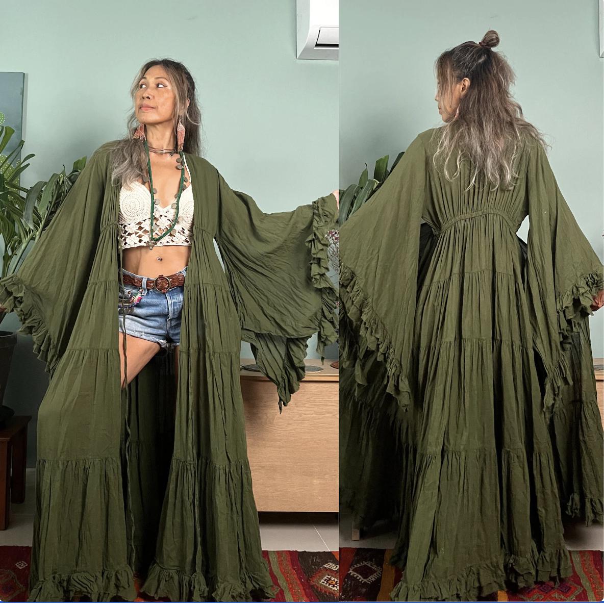 Boho Summer Long Duster,Cotton Long Kimono,Cotton Cardigan,Boho Long Jacket,Ruffle Long kimono,Boho maxi Ruffled Kimono. Blue cotton kimono.