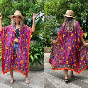 Colorful Boho Chiffon Kimono with Silk Hand Embroidery. One of a kind Handmade Kimono Jacket.