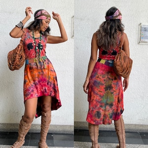 Boho Hight Low sleeveless Tie dye Dress,Hippie Hand Tie dye Mini Dress,Festival Tie dye dress,Sexy tie dye dress,Colorful tie dye dress.