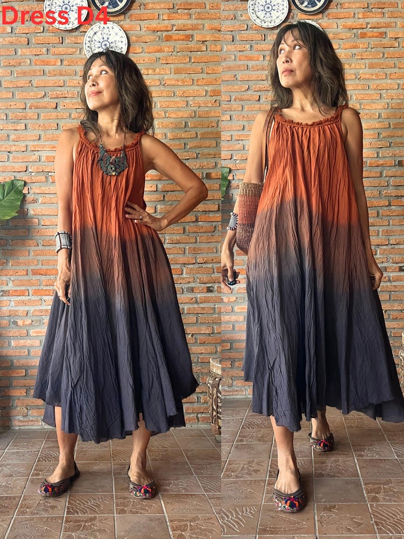 Boho Hand Dyed Ombre Midi dress, Flowy sleeveless dress summer dress,Tie dye Festival Dress,Cotton Gradients dress,Beach dress,Casual dress. image 9