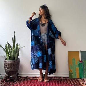 Cotton Blue Patchwork Kaftan Cardigan with Pockets,Boho Festival Kimono,Oversized Indigo duster,Unisex Patchwork rope Relaxed fit  jacket.